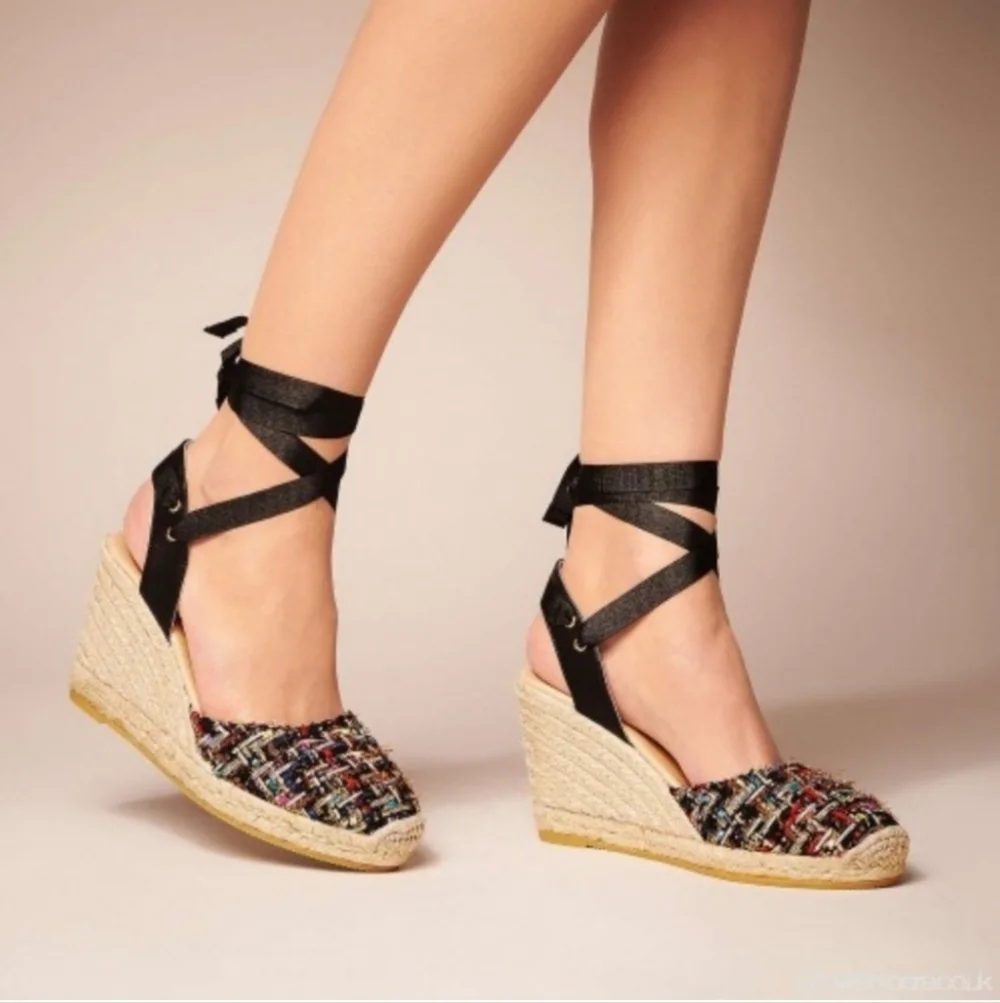 NEW! L.K. Bennett Tianna Black Tweed Espadrille Wedges Sz 37 7 Ankle Tie Preppy